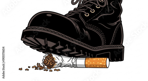 Black boot crushing cigarette on white background symbolizing quitting smoking or anti smoking concept with scattered tobacco