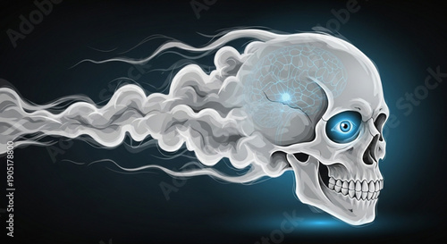 Glowing blue eyed skull with smoke emanating from it on dark background with eerie ambiance and mystical vibe