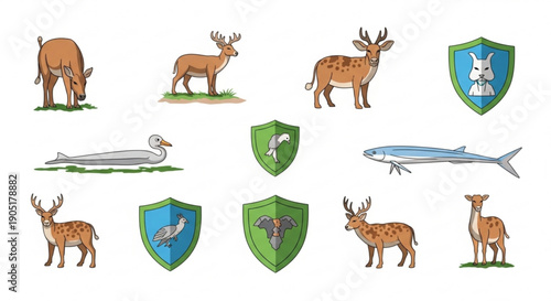 Wildlife conservation icons with deer fish swan and shields on white background symbolizing nature protection and eco friendly concepts