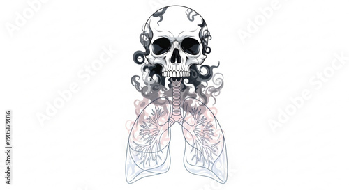 Detailed illustration of a skull with lungs and smoke symbolizing smoking dangers and health risks in a striking monochrome design