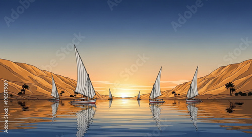 Serene sailboats on calm waters at sunset with majestic mountains in the background and palm trees