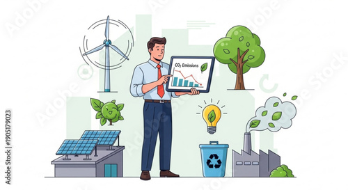 Businessman presenting eco friendly sustainable development graph on screen with green technology and renewable energy symbols around him