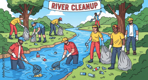 Volunteers participating in river cleanup event collecting trash and debris