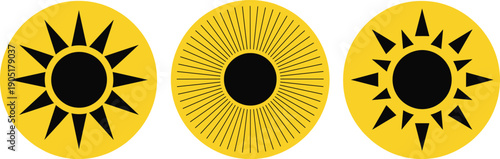 Sun icon set with black rays on yellow circles for weather apps solar energy and summer design