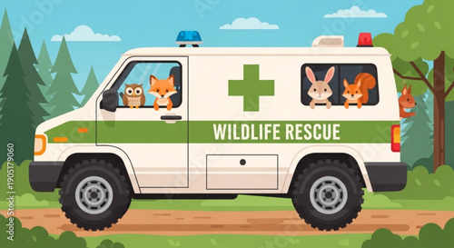 Wildlife rescue ambulance with animals in forest setting for conservation and emergency response