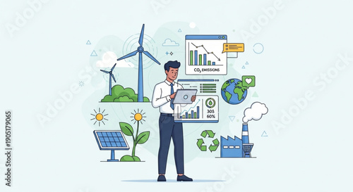 Man presenting eco friendly sustainable energy solutions with solar panel wind turbine and recycling symbols