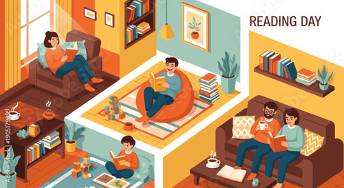 Cozy Living Room Reading Scene: People Enjoying Books and Relaxation