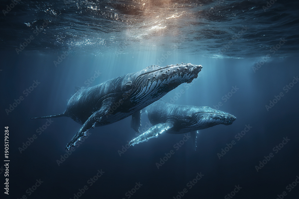 Fototapeta premium Underwater humpback whales swimming near ocean surface with sunlight filtering through water, creating serene and majestic marine scene