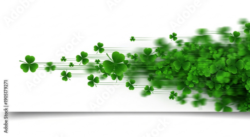Green four leaf clovers flying in motion on white background with shadow symbolizing luck and nature