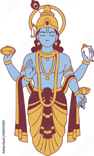Hindu Deity Vishnu Illustration with Ornaments.