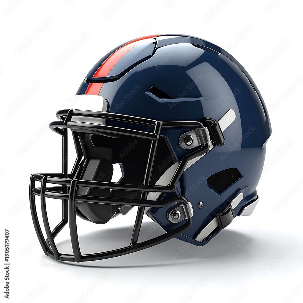 Fototapeta premium Glossy navy blue and black football helmet, featuring a red stripe, angled view, isolated
