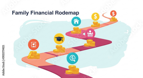Family financial planning roadmap with money growth and icons for savings investment education and home