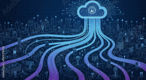 Artificial intelligence neural network cloud computing concept with ai symbol and purple blue gradient lines on dark circuit board background