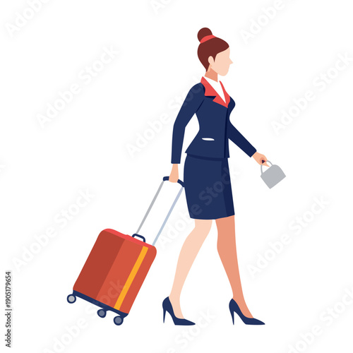 A stylish flat design vector illustration of a female flight attendant pulling a rolling suitcase