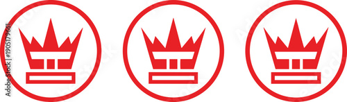 Red crown emblem icon set inside circular frames, royal premium symbol for branding, award, and quality vector design