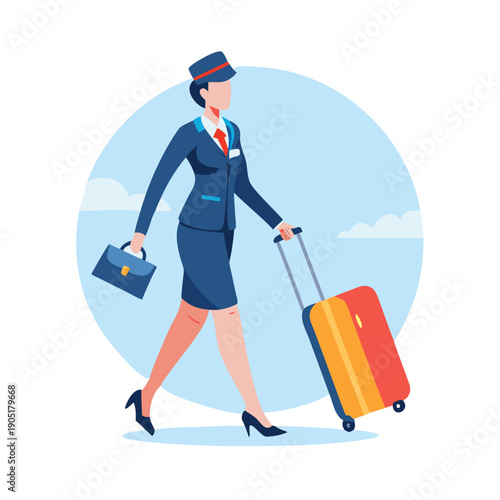 A stylish flat design vector illustration of a female flight attendant pulling a rolling suitcase