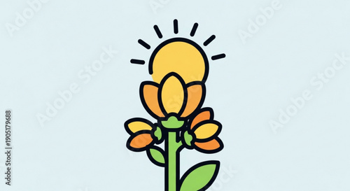 Vibrant orange flower blooming under warm sunlight with green leaves on a light blue background symbolizing growth and happiness