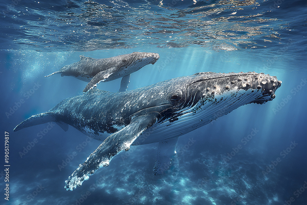 Obraz premium Underwater whale family near surface with mother humpback whale and calf swimming peacefully in clear blue ocean water with sunlight rays creating serene marine scene