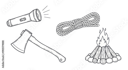 Camping Gear Illustration: Axe, Flashlight, Rope, and Campfire