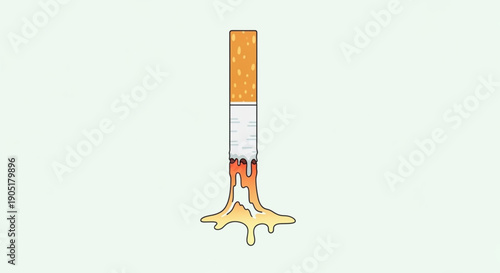 Smoking cigarette with melted wax dripping from the burning tip on a light green background
