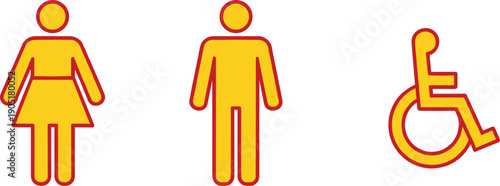Restroom and accessibility symbol icons set showing female, male, and wheelchair figures, public signage vector design