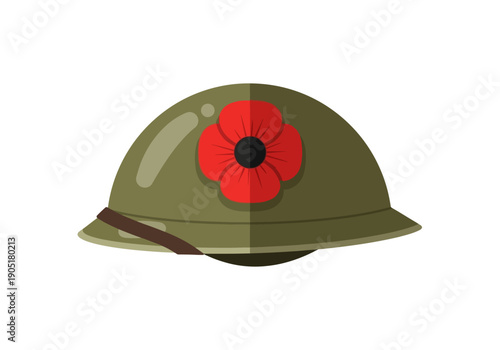 World War One Soldier Helmet with Red Poppy Symbol.