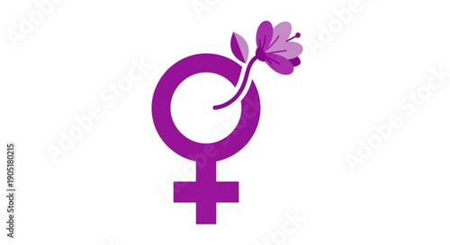 Purple female symbol with flower representing feminism and women's rights on a white background