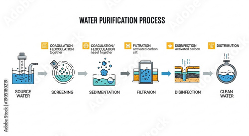 Water purification process steps infographic drinking water treatment flowchart
