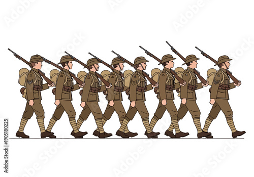 Soldiers marching in formation with rifles and backpacks.