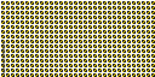 Seamless geometric square pixel art pattern. Yellow and black mosaic grid background. Abstract checkerboard texture.