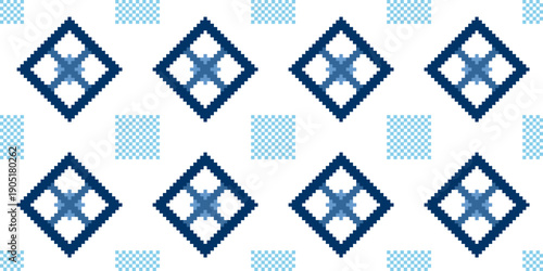 Seamless geometric pixel art pattern. Blue and white diamond shapes with small mosaic checkerboard grid background. Traditional ethnic textile style.