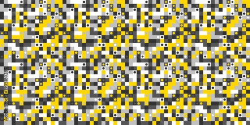 Seamless geometric pixel art pattern. Abstract yellow, grey, and black digital mosaic with square, circle, and diamond shapes. Modern tech background.