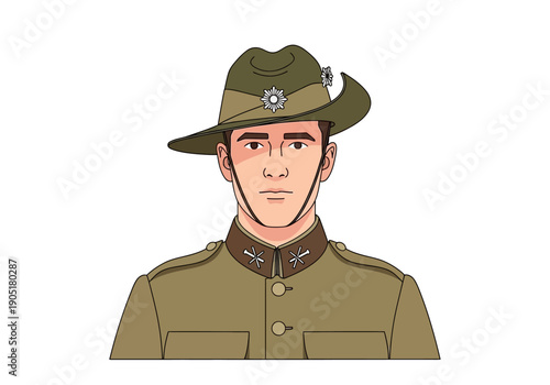 Illustration of a soldier wearing a military uniform and hat.