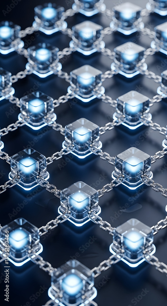 Fototapeta premium Abstract network of glowing blue cubes interconnected by metallic chains, representing data flow and digital connections in a futuristic concept.