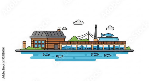 Aquatic farm with fish swimming below sustainable seafood concept with wooden building