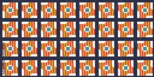 Seamless geometric pixel art pattern. Orange, blue, and cream abstract pinwheel mosaic background. Retro digital flower motif.