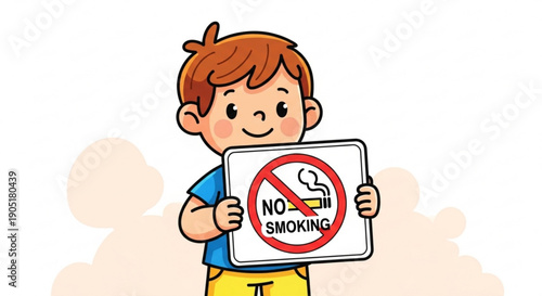 Smiling child holding no smoking sign board with red circle and cigarette symbol
