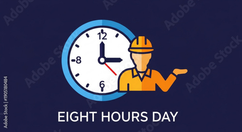 Eight hours workday concept with worker and clock