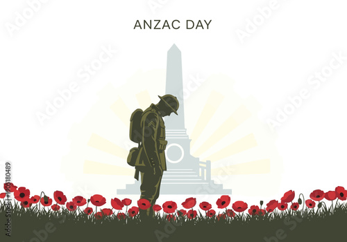 Solemn Soldier Bows Head in Remembrance of Anzac Day.