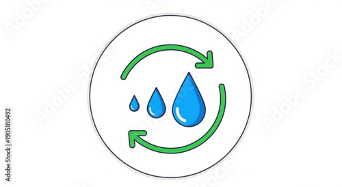 Water conservation cycle icon with droplets and green arrows in circle sustainable resource management symbol