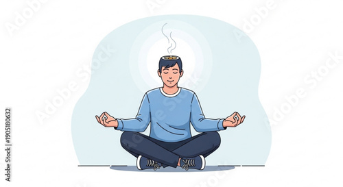 Man meditates in lotus position with eyes closed serene and peaceful against a soft blue background symbolizing mindfulness and relaxation