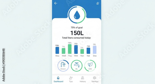 Water consumption tracking app interface showing daily usage statistics and conservation metrics on mobile device screen