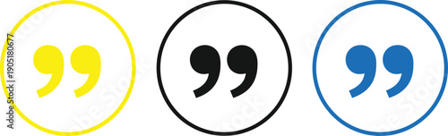 Quotation mark icon set in yellow, black, and blue circular frames, quote punctuation symbols for text and design