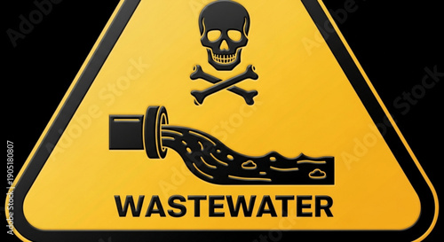 Warning sign with skull and crossbones indicating hazardous wastewater with toxic symbol and pipe illustration