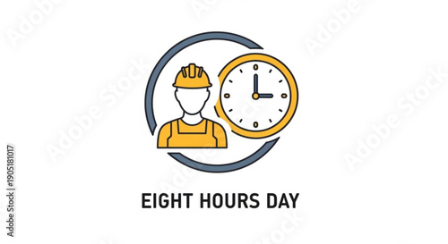 Worker in hard hat with clock in circle eight hours day