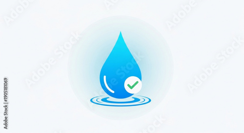Blue water drop with green checkmark on white background symbolizing purity and cleanliness in a minimalist style