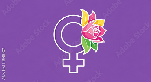 Vibrant female symbol with colorful rose on purple background representing feminism and empowerment