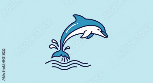 Dolphin jumping out of water with playful splash on light blue background illustration
