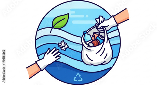 Hands collecting plastic waste in ocean recycling symbol eco friendly concept with green leaf