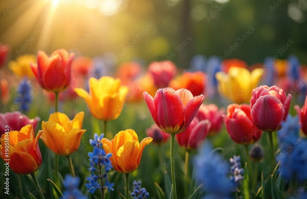 Fototapeta premium Field of colorful tulips and blue flowers bathed in warm sunlight. Spring garden with blooming petals and lush green foliage. Natural beauty and seasonal flora create vivid scenery.